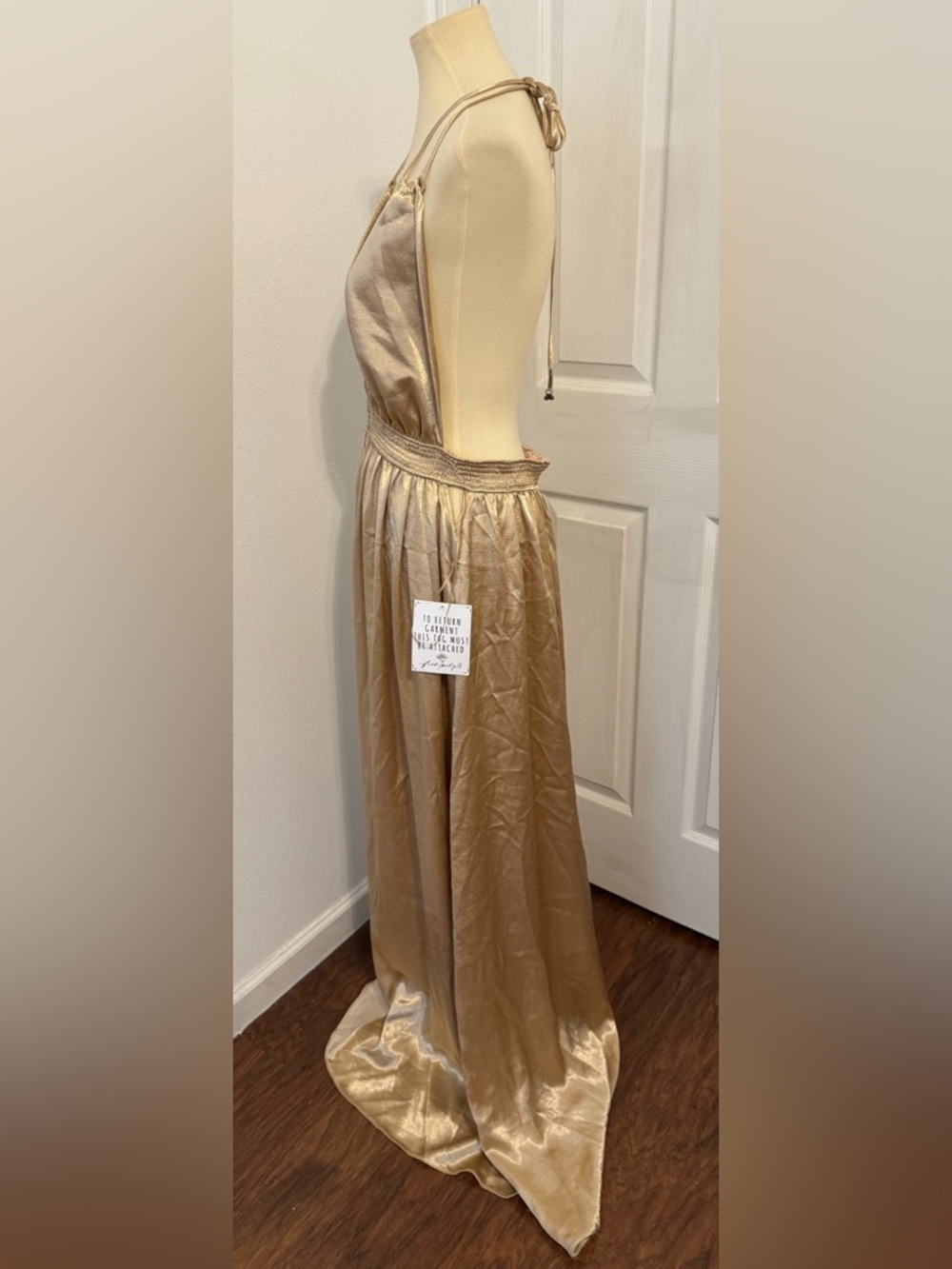 FREE PEOPLE LOOK INTO THE SUN PLUNGING NECKLINE GOWN MAXI GOLD OPEN BACK LARGE - Picture 5 of 16